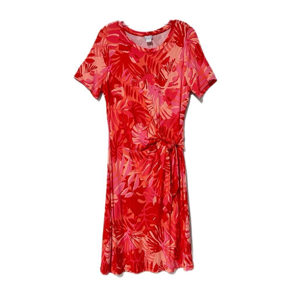 Chico’s Tropical Side Tie Short Sleeve Dress Size 1 Red Pink Medium 8-10
